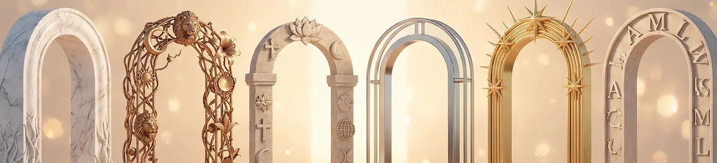 A set of six sophisticated geometric icons with gold accents representing the primary pathways to finding a name through origin, theme, and style