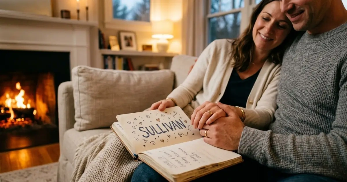 Parents holding hands over a notebook, adding warmth to a surname name