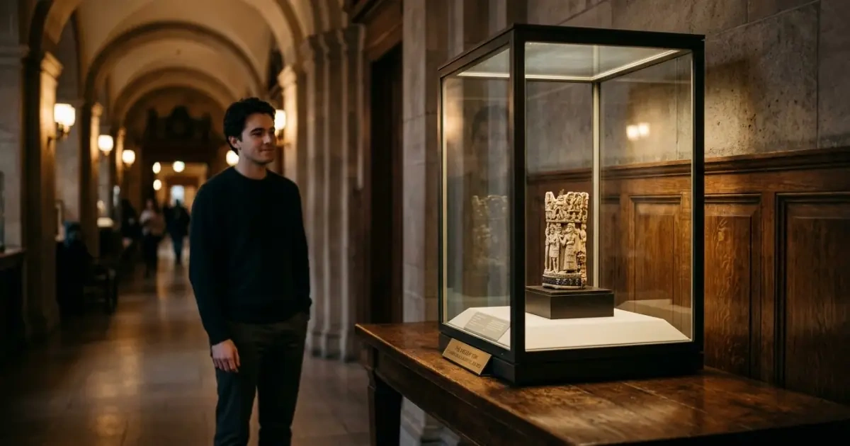 An elegant museum display case showing an object to be admired but not touched