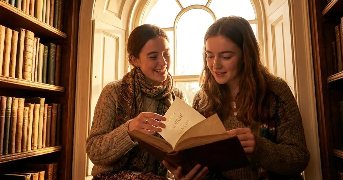 Two adults sharing a heritage book featuring warm, culturally rich baby names.