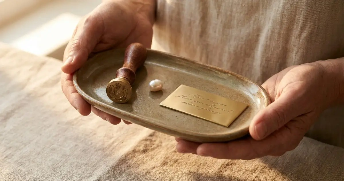 A close-up of a person holding symbolic objects representing aristocratic baby names choices.