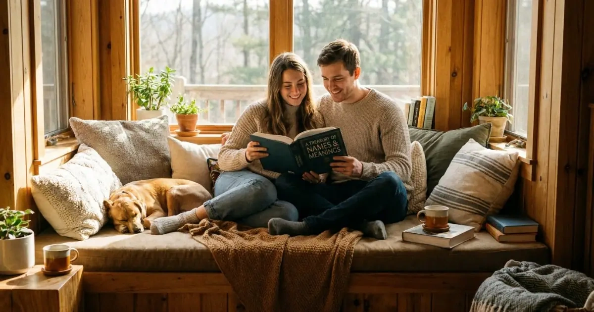 A relaxed young couple discussing common baby name spelling questions in a sunlit room