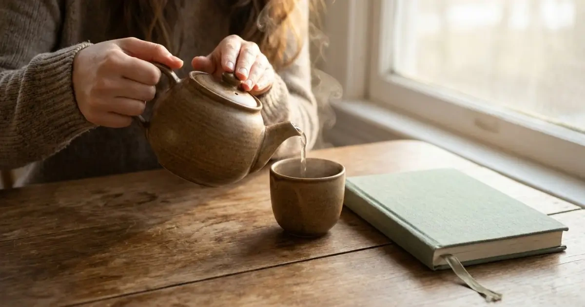A calm tea-pouring moment next to a closed journal representing clarity over data stress