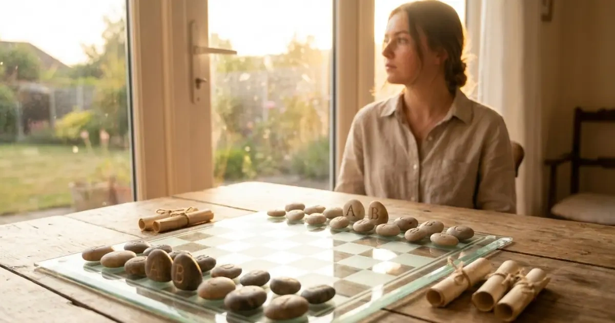 A glass chessboard with stone letters and scrolls on a sunlit wooden table