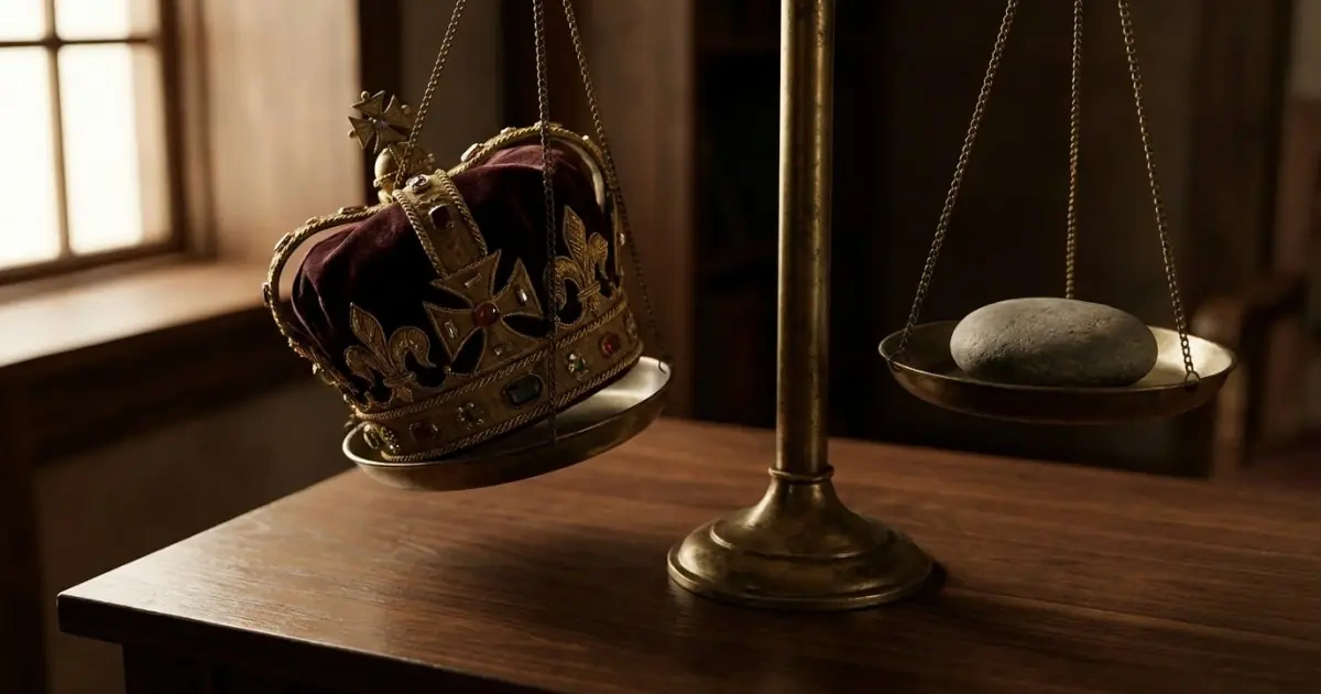 A classic brass scale showing an imbalance between an overdone crown and a simple stone.