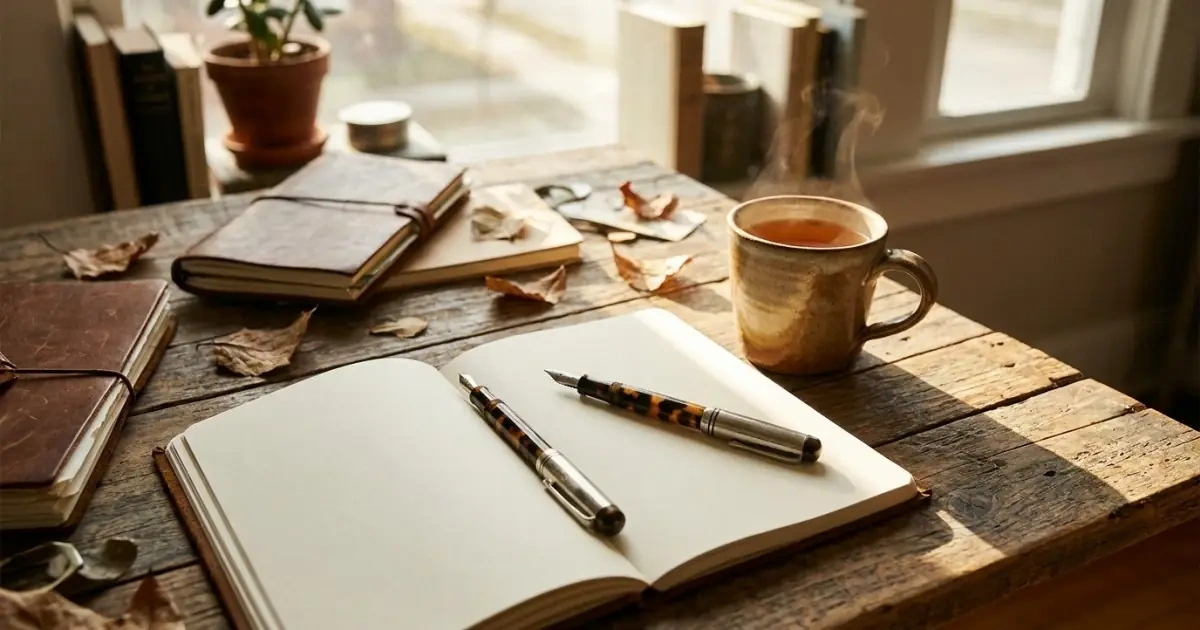 An open journal with two pens representing versatile baby middle name ideas.