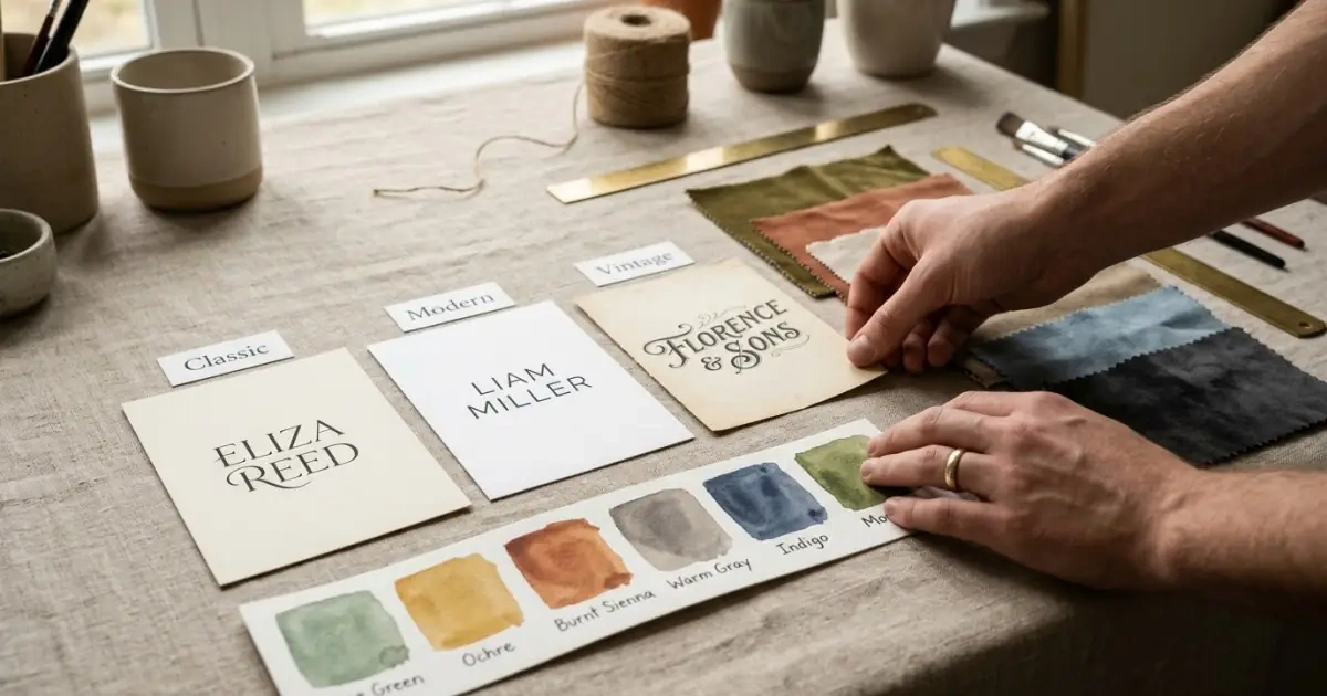 A curated workspace with fabric swatches, color palettes, and name typography cards.