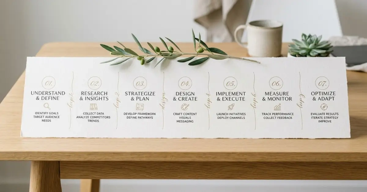 An infographic layout of a clean seven-step process framework printed on textured paper.