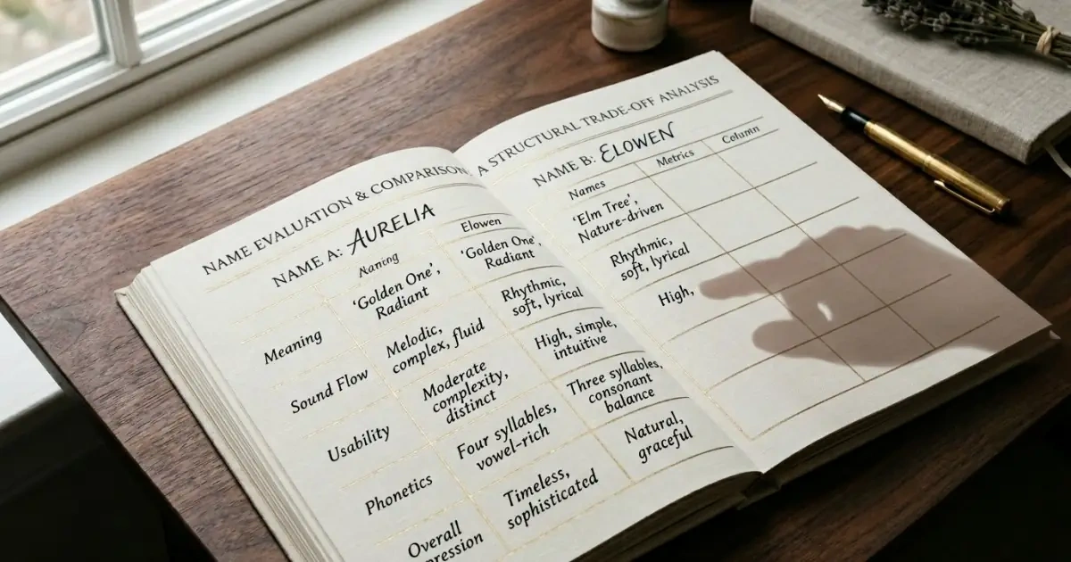 An elegant linen ledger showing a side-by-side infographic grid to compare name trade-offs clearly.