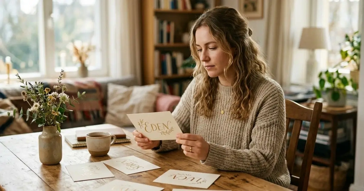 A young woman thoughtfully reviewing name cards on a sunlit table to build baby name decision confidence.