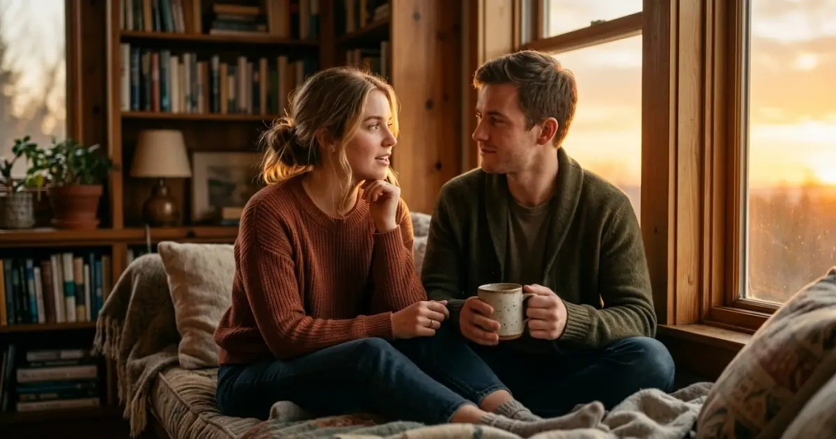 A young couple having a thoughtful discussion about values to resolve a baby name disagreement
