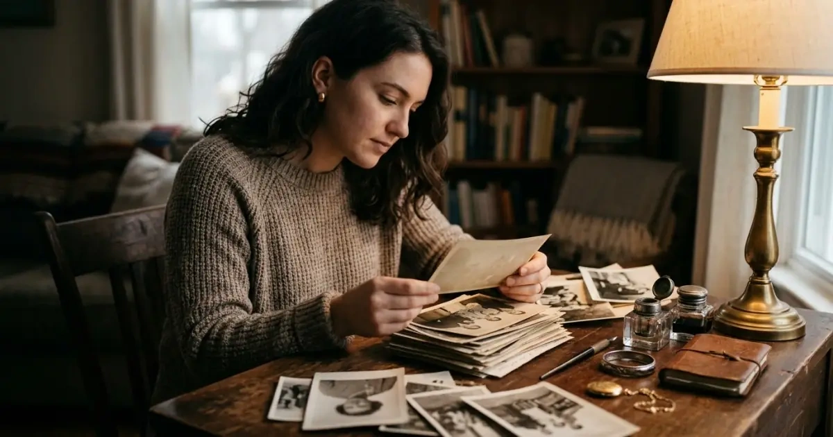 A young woman looking through vintage family photos, reflecting on name associations