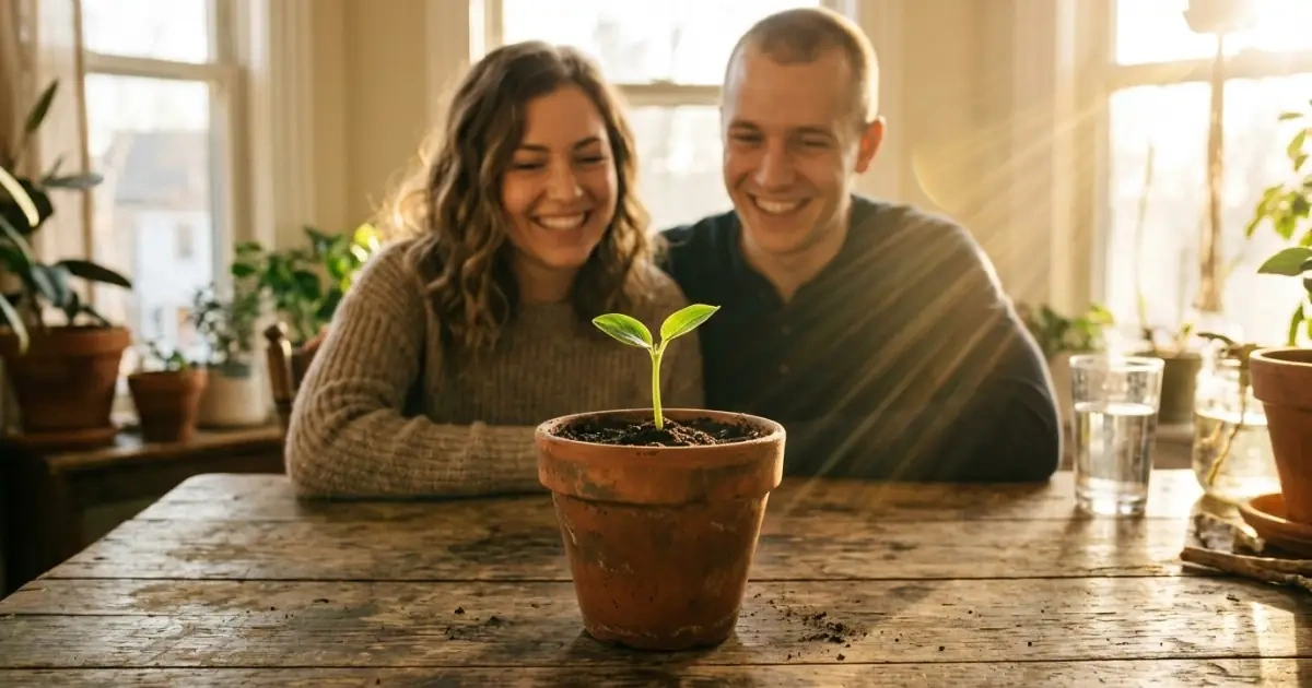 A vibrant green sprout in a pot under golden sunlight, symbolizing a name choice emerging