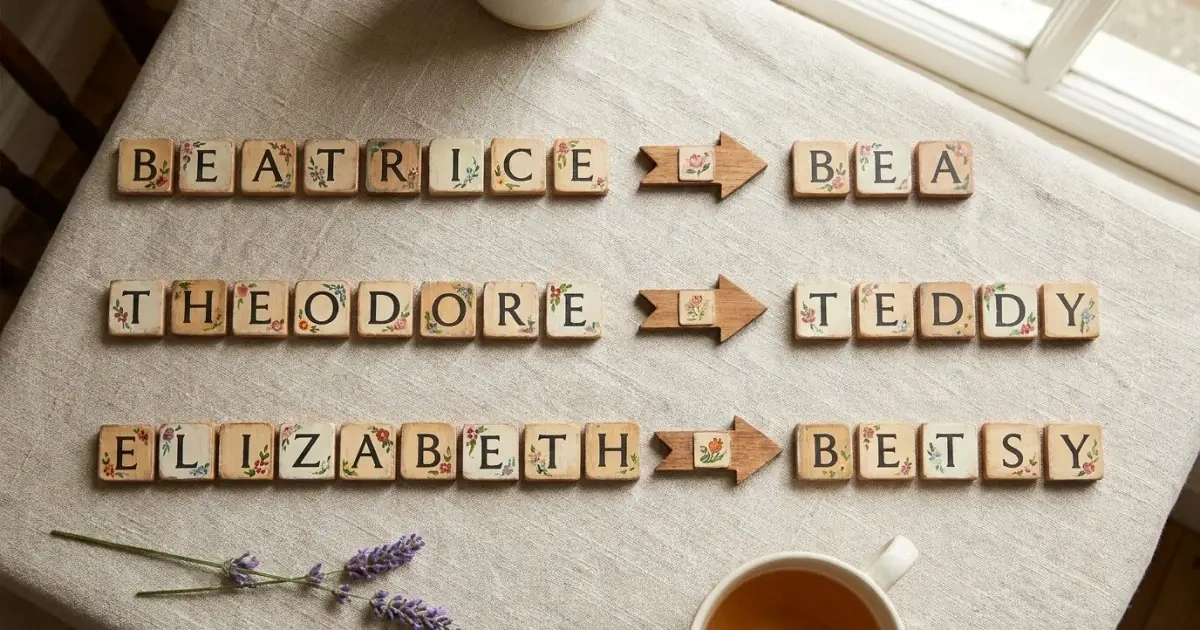 An infographic layout of wooden letter tiles demonstrating name variations and short forms.