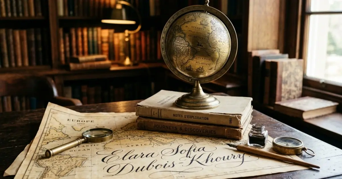 An antique brass globe resting on old maps and journals, exploring cultural name origins.