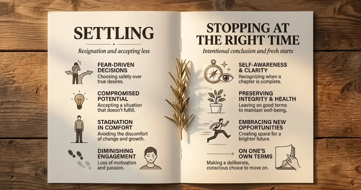An editorial comparison layout defining the difference between settling and stopping a search.