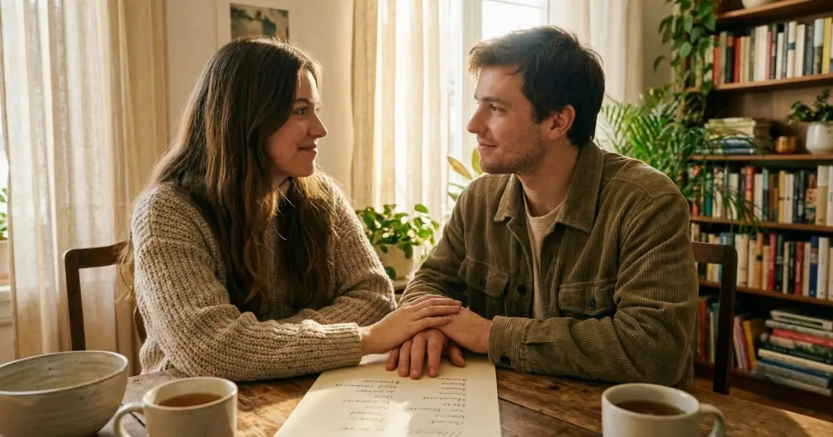 Young couple at a wooden table discussing family name choices in a cozy sunlit room