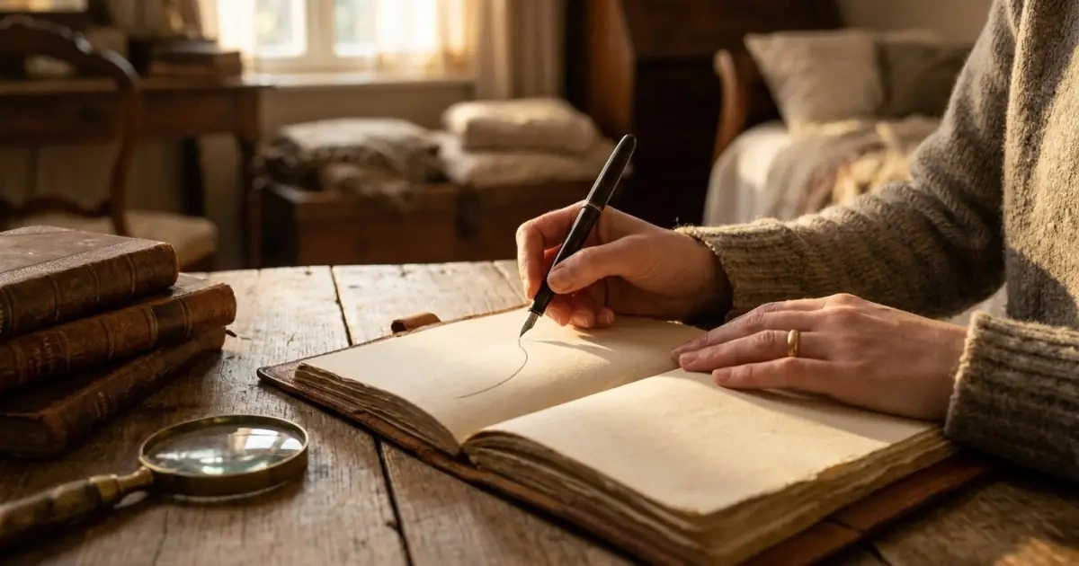 A close up of a woman drawing a trend line in a journal checking baby name data
