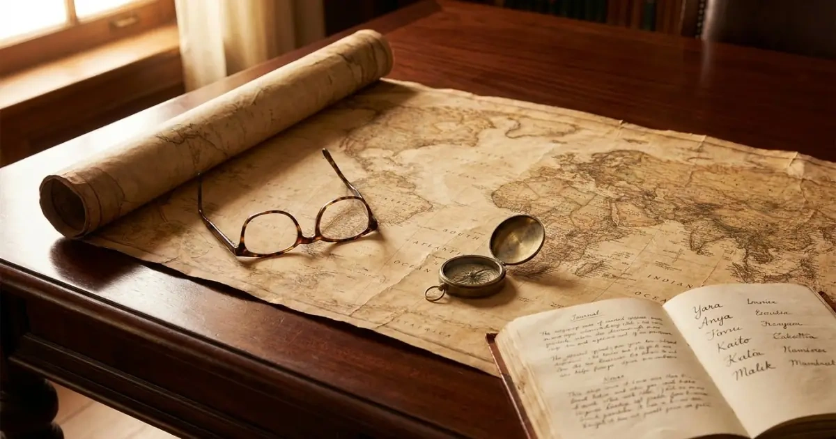 A vintage world map on a mahogany table with a travel journal of international names