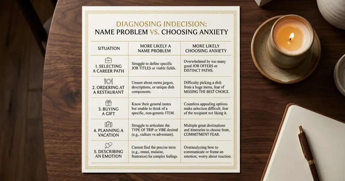 A clear comparison chart distinguishing between real name flaws and decision anxiety