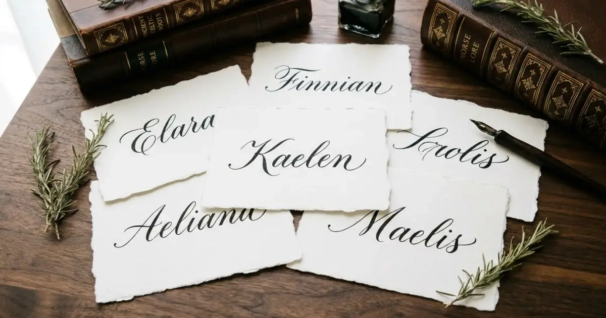 Traditional heritage calligraphy names on handmade paper next to vintage books
