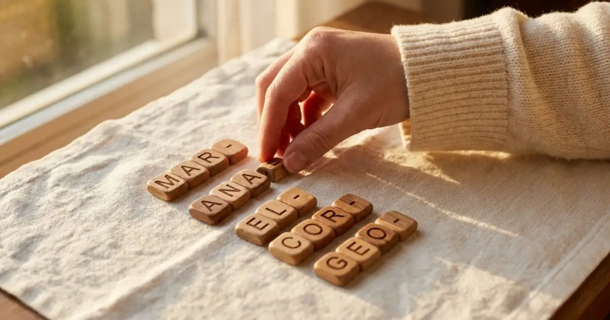 Wooden letter tiles on linen cloth defining the spectrum between rare baby names and common names