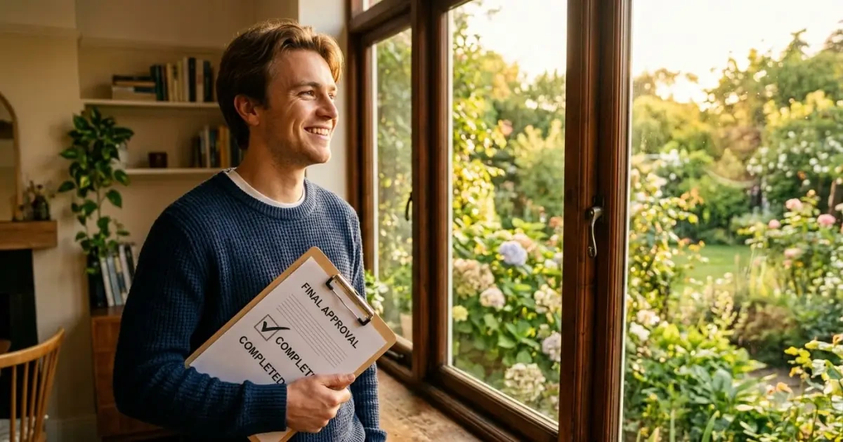 A smiling man holding a clipboard in a sunlit room after a successful check