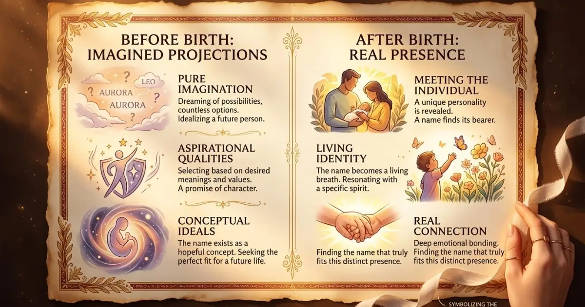 A beautifully formatted two-column comparison chart of pre-birth and post-birth naming