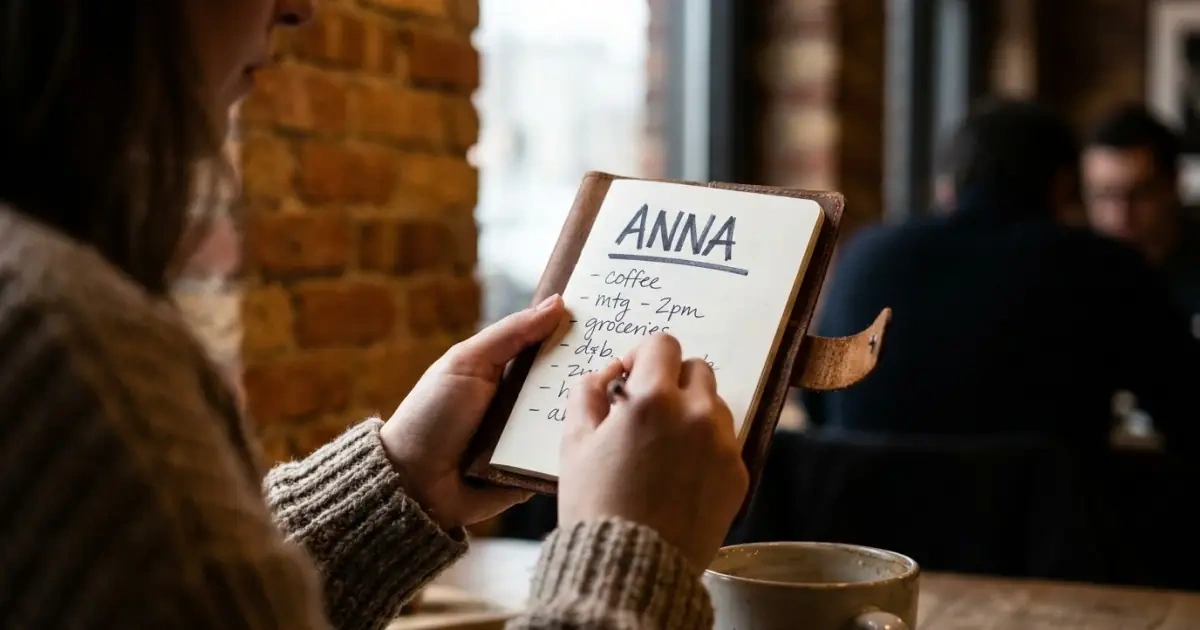 A woman reviewing obvious baby name short forms on a notepad in a cafe.