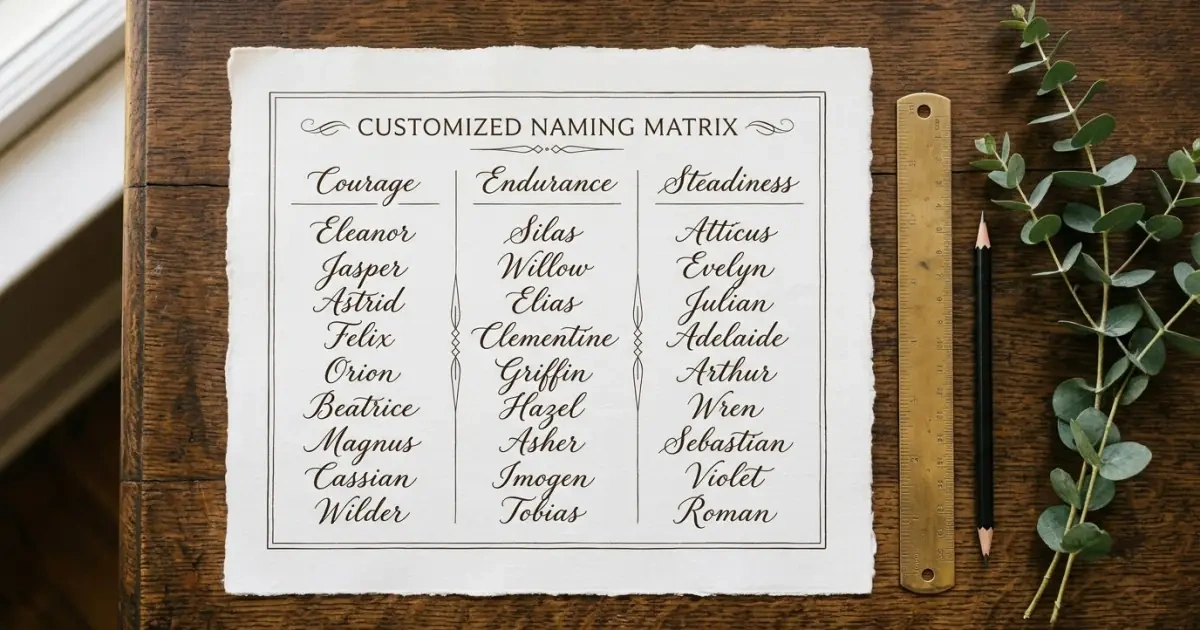 An organized handwritten naming matrix sorting names by specific types of strength