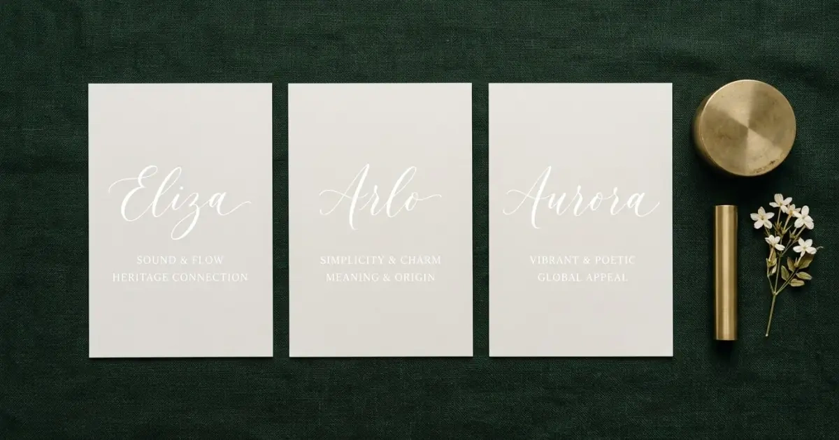 An organized flat-lay of three calligraphed name cards with selection criteria on green linen.