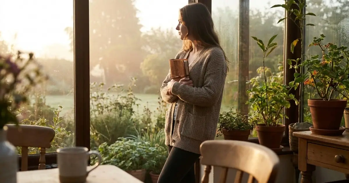 Thoughtful woman in a sunlit room symbolizing tracking future baby name trends and rankings