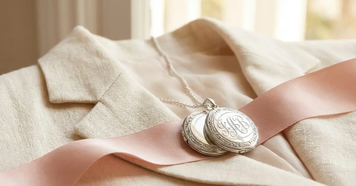 A beautiful silver locket showing name engraving resting on elegant silk ribbon