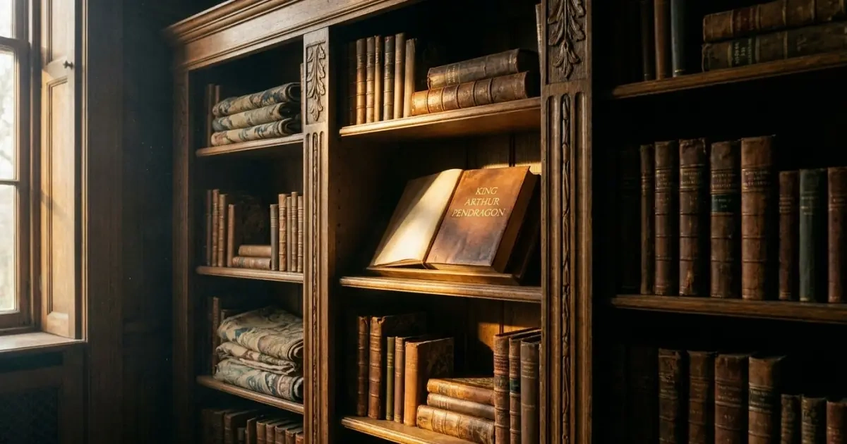An ancient book on a shelf with an embossed gold name illuminated by a shaft of sunlight