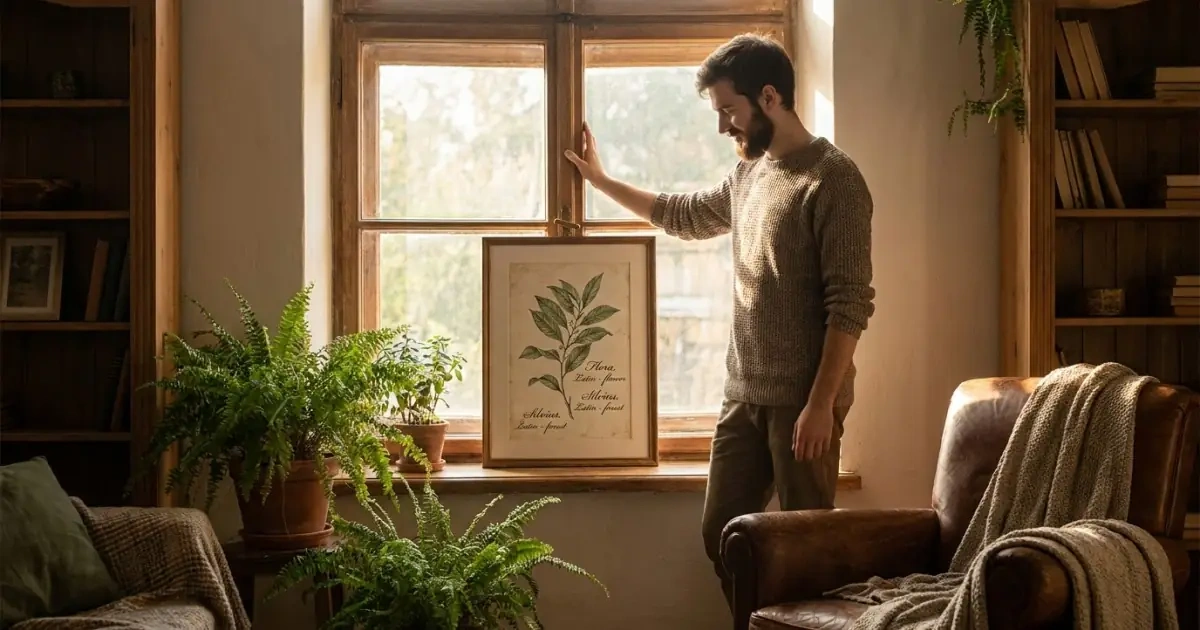 A father looking at a vintage botanical print illustrating name style waves