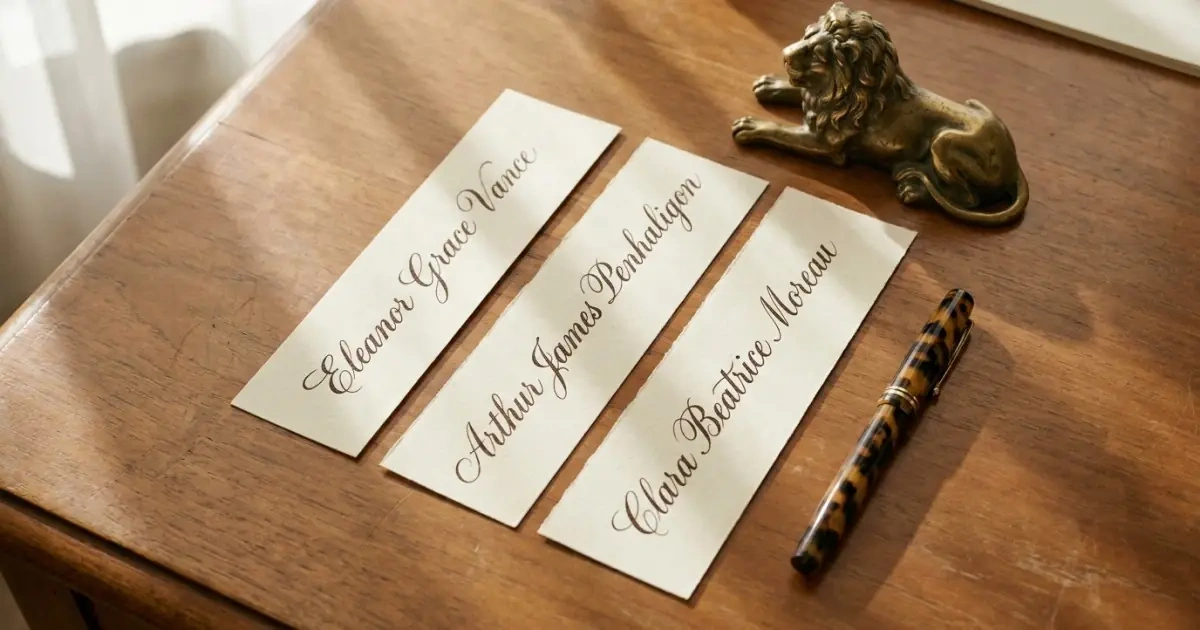 Handwritten full name combinations on strips of paper on a desk