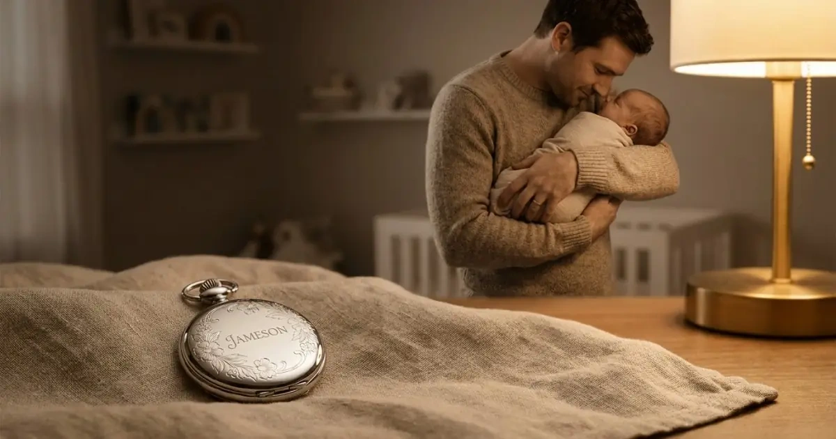An engraved vintage pocket watch with a young father in a soft focus background