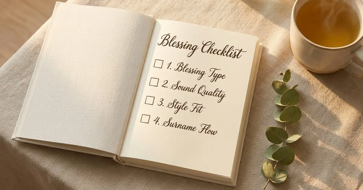 A beautiful linen journal infographic showing a checklist for selecting baby names by meaning