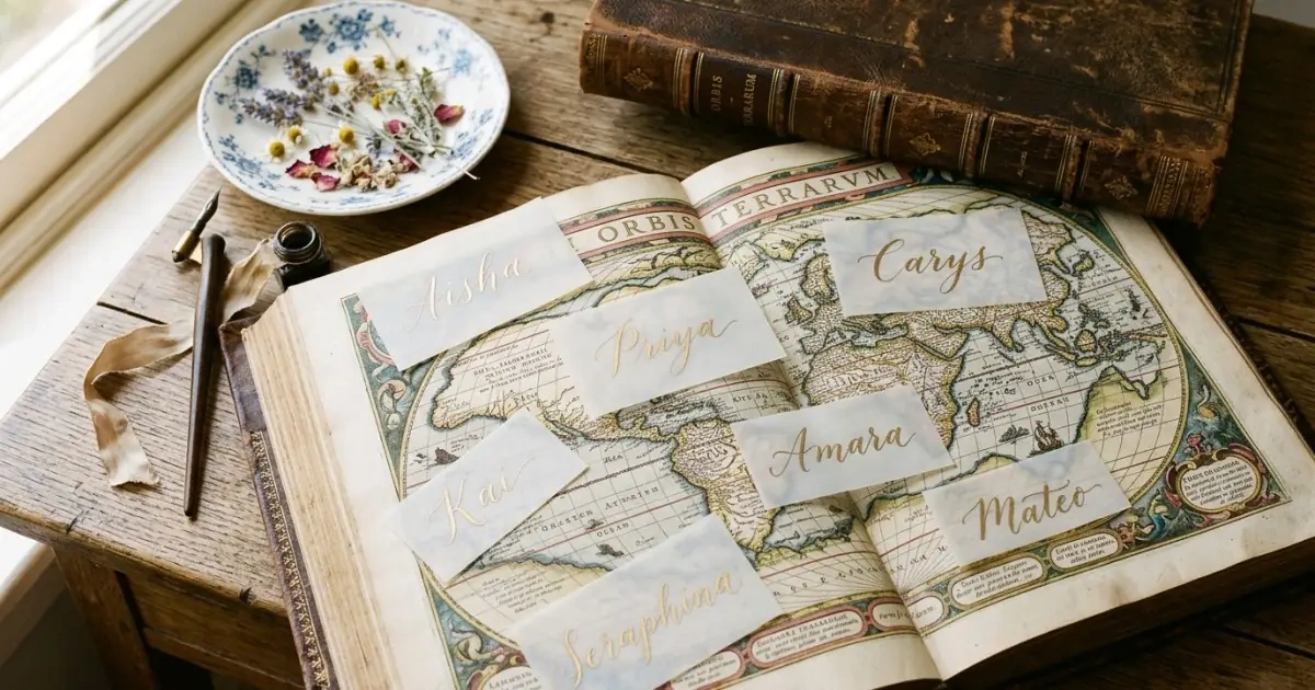 An open vintage atlas with vellum sheets showing regional names meaning blessing and love