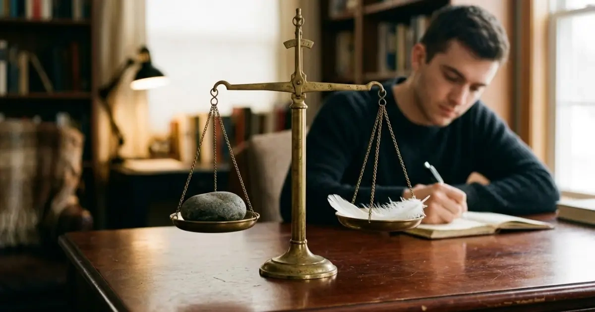 A balanced scale with a stone and feather testing the sound weight of names meaning power