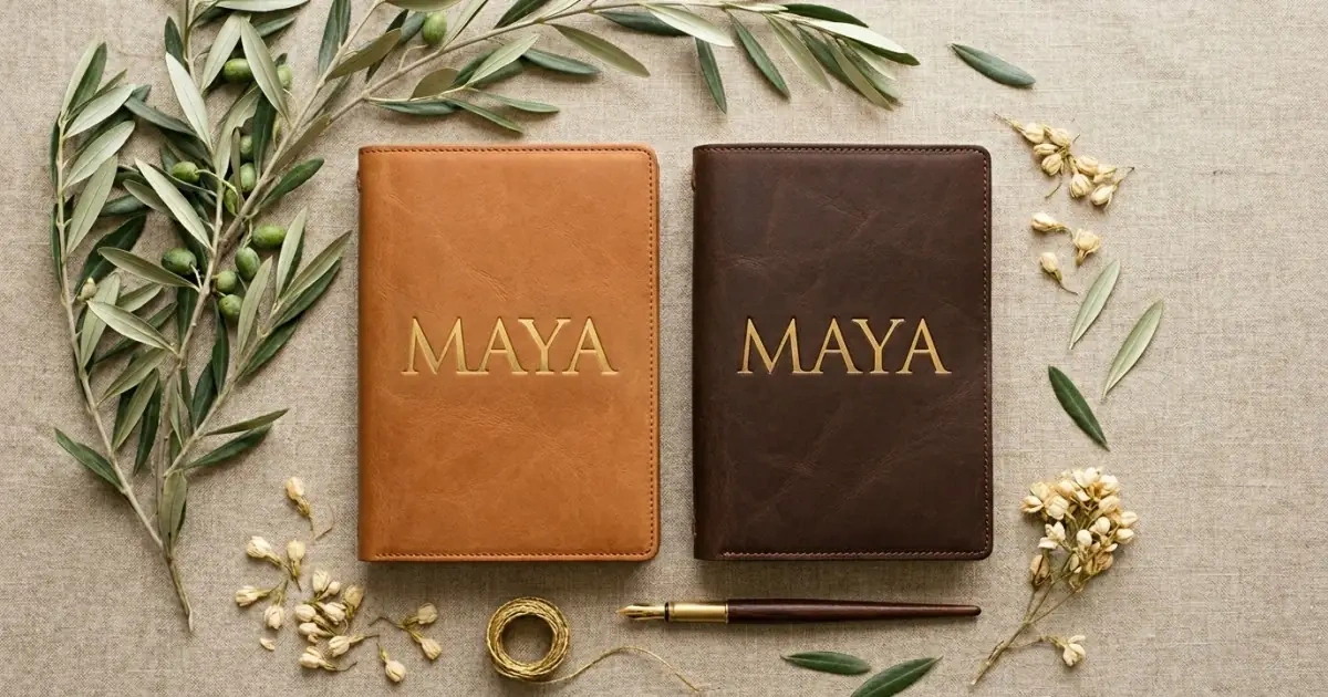 Two premium leather journals embossed with gold lettering showcasing stable baby names easy in two languages.