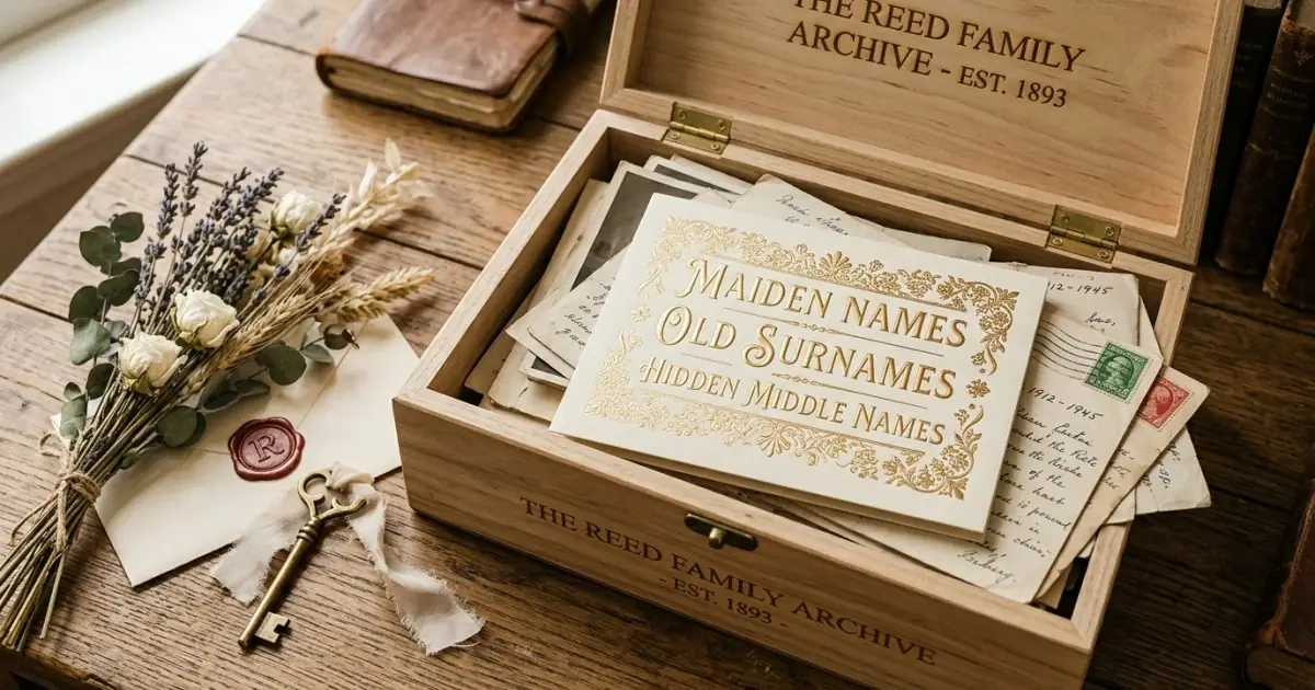 An archive box displaying old surnames and maiden names as naming material
