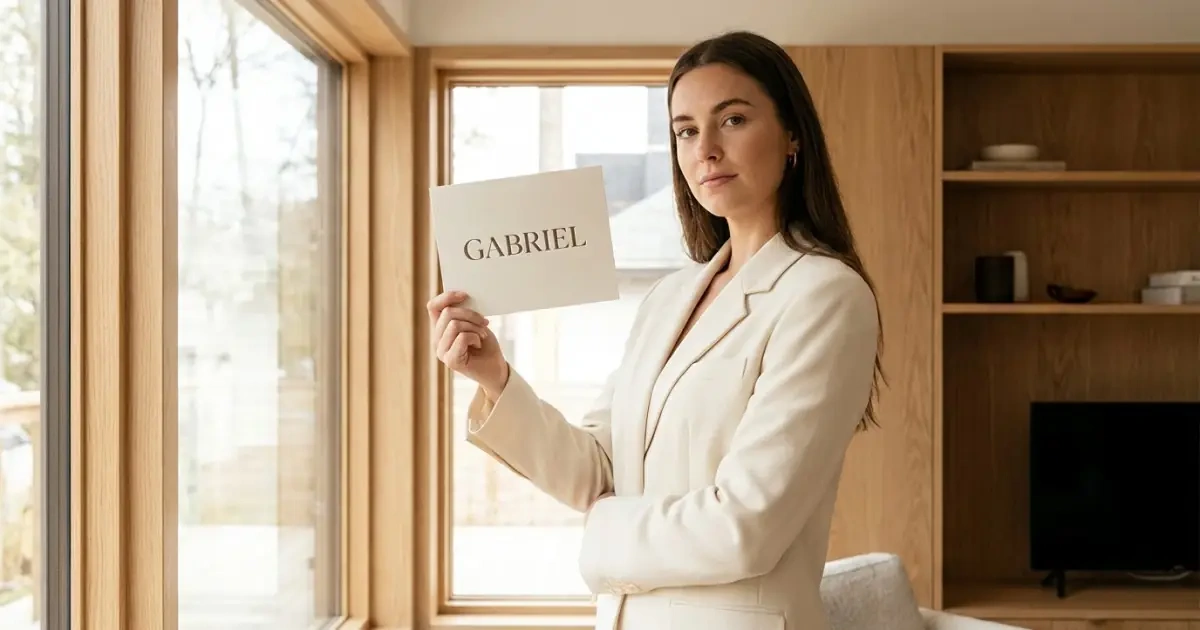 A confident young woman holding a card with a strong yet soft baby name.