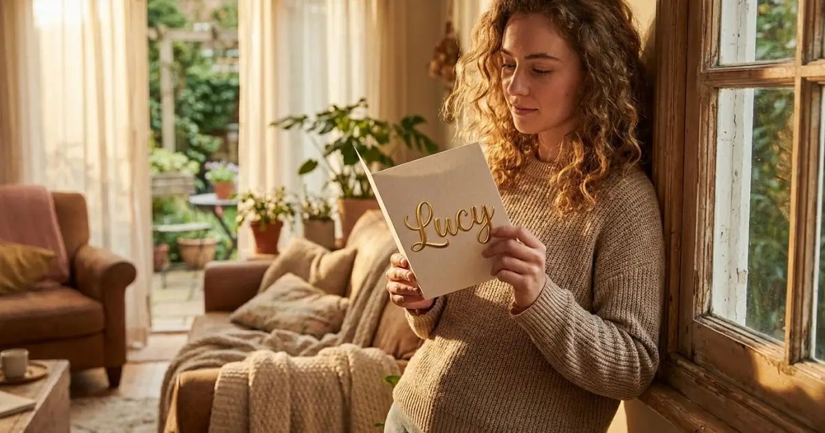 A young woman holding a name card illustrating how to choose a friendly baby name.