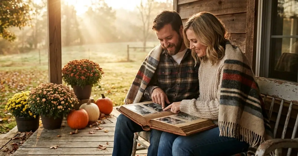 Young parents reflecting on family history and names that mean joy on a cozy porch.