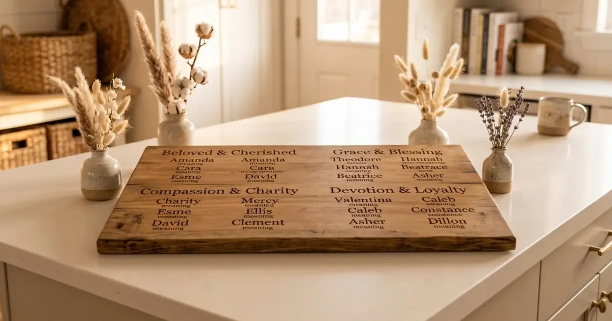 A rustic wooden board infographic displaying various categories of baby names that mean love