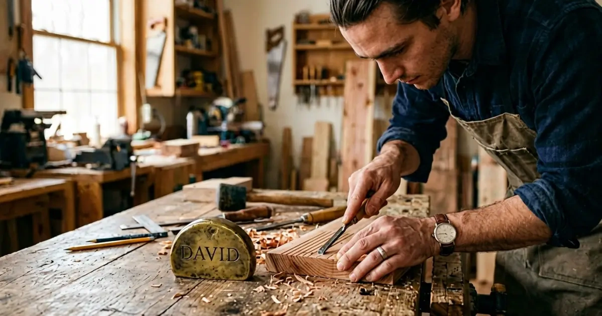 A craftsman's workbench with a brass paperweight representing grounded boy names