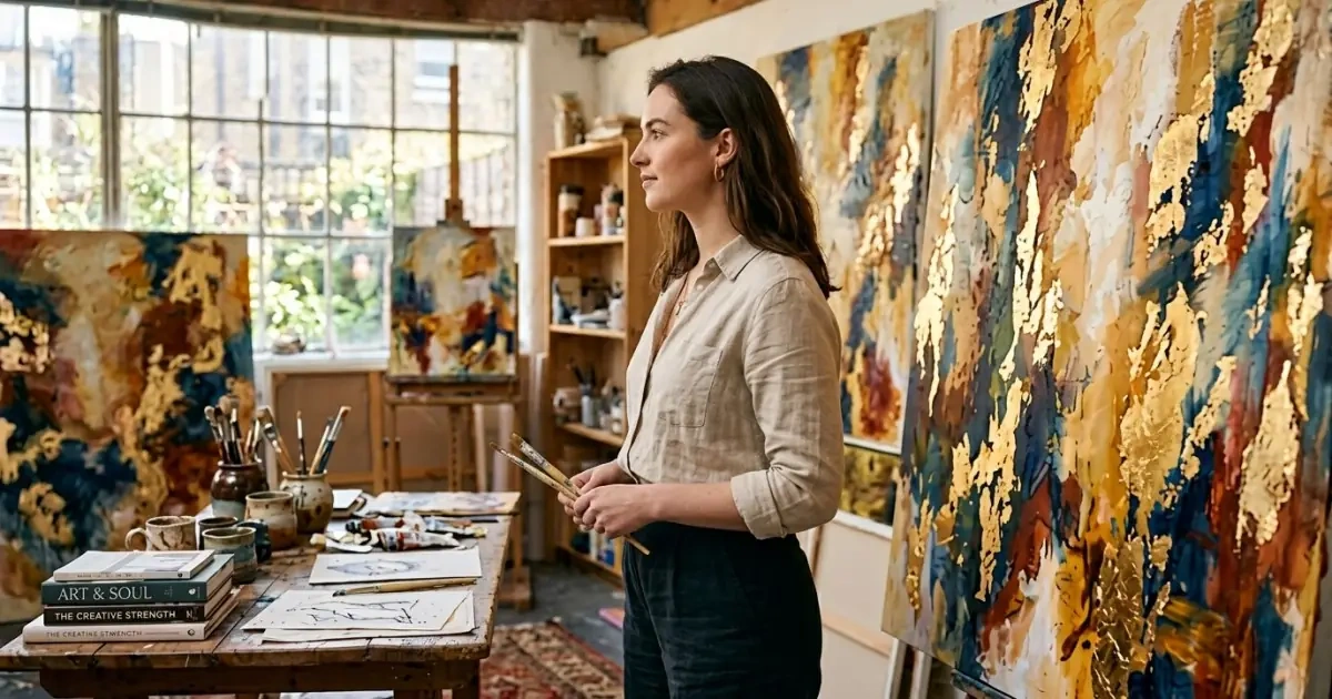 A confident young woman standing in a sunlit art studio representing strength and warmth