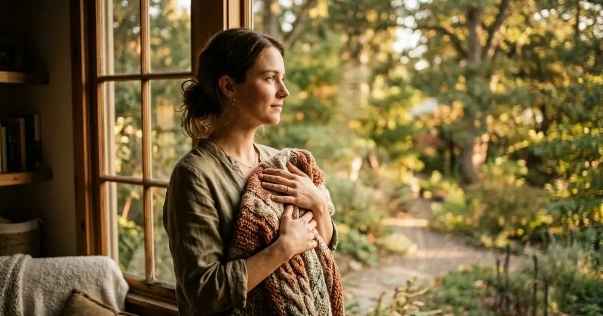 A young woman standing by a window reflecting on the deep meaning of strong baby names