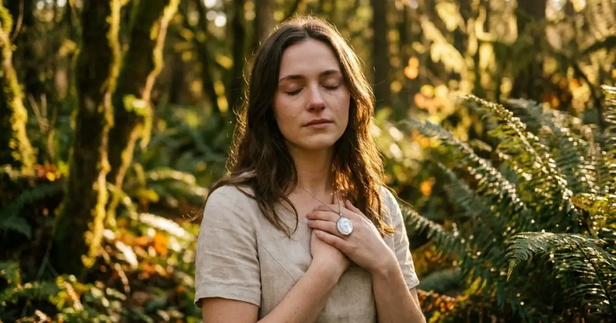 A young woman holding an heirloom locket in a sun-dappled garden forest
